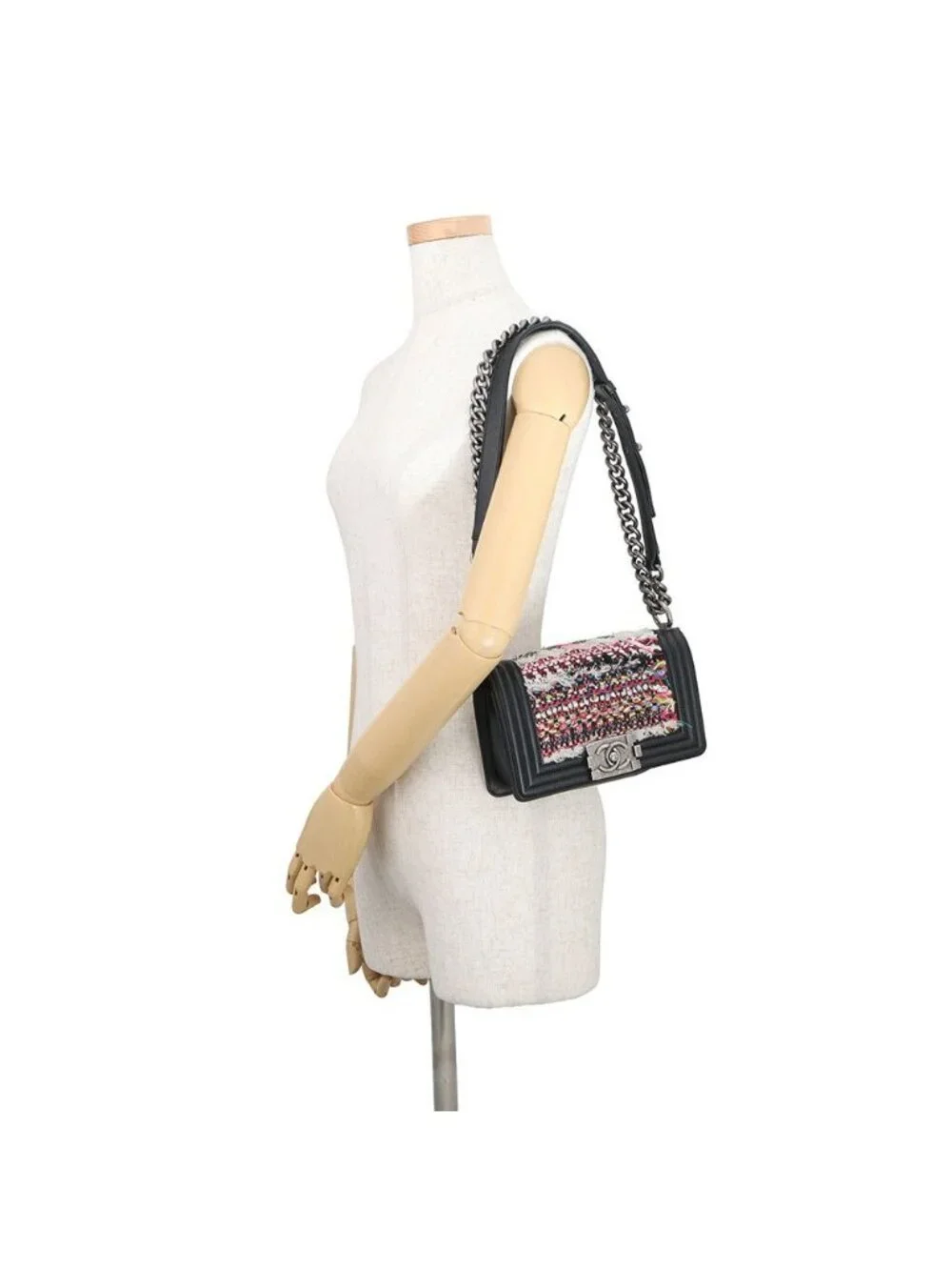 Chanel Chain Shoulder Bag Boy Small Quilted CC Logo Lambskin Tweed Black